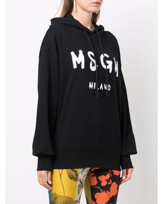 MSGM Black Logo Printed Drawstring Hoodie