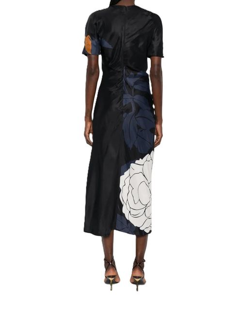 Victoria Beckham Black Floral Printed Split Hem Midi Dress