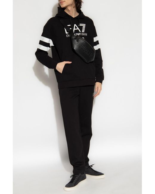 EA7 Black Logo-Print Cotton Hoodie for men