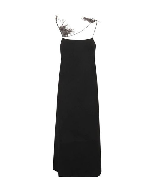 Jil Sander Black Feather-Trim Square Neck Slip Dress