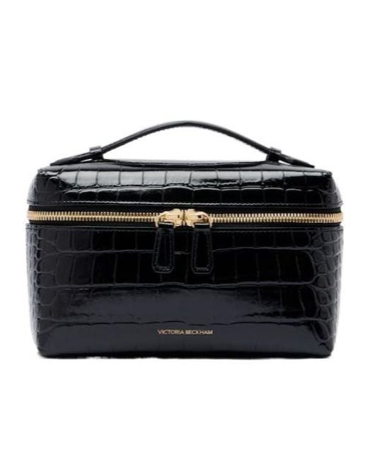 Victoria Beckham Black Crocodile-Embossed Leather Zip Shoulder Bag