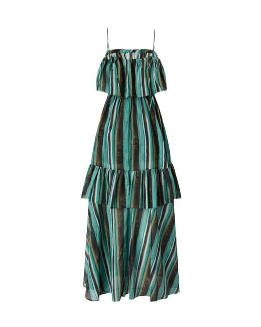 Pinko Green Brushed Striped Printed Long Muslin Dress