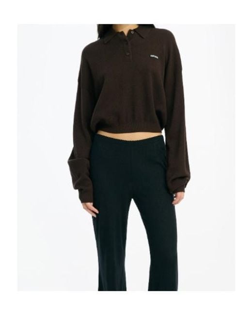 ROTATE BIRGER CHRISTENSEN Brown Long Sleeved Cropped Knit Polo Shirt