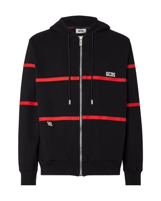 Gcds Black Low Logo Band Zip-Up Hoodie for men