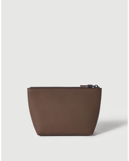 Brunello Cucinelli Brown Grained Calfskin Pouch With Shiny Zipper Pull
