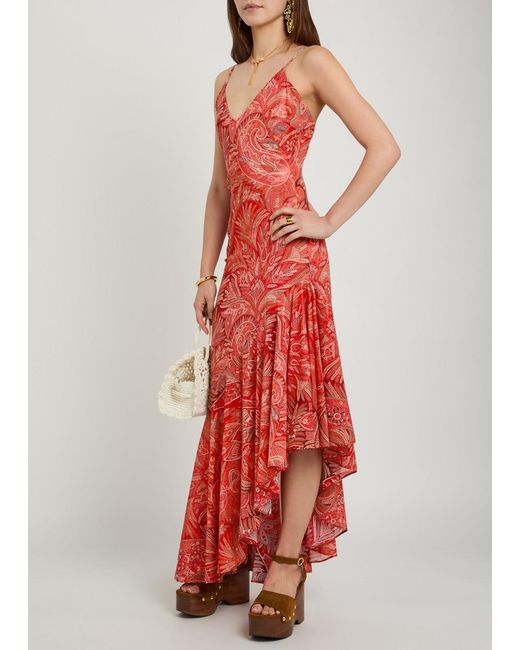 Etro Red Printed Asymmetric Chiffon Maxi Dress