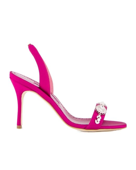 Manolo Blahnik Pink Satin Embellished Slingback Sandals