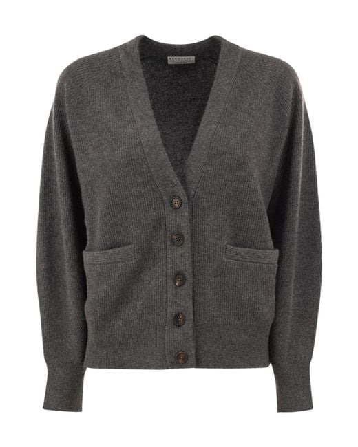 Brunello Cucinelli Black V-Neck Long-Sleeved Knit Top