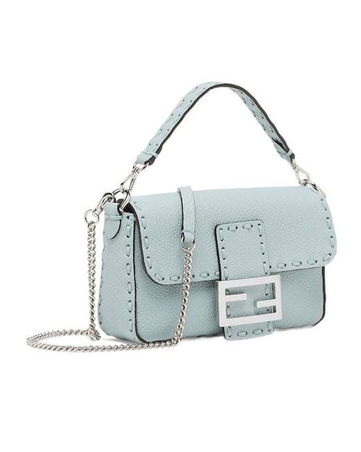 Fendi Blue Baguette Mini Logo Plaque Tote Bag