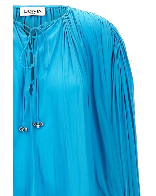 Lanvin Blue Wide Blouse With V-Neck And Drawstring Detail