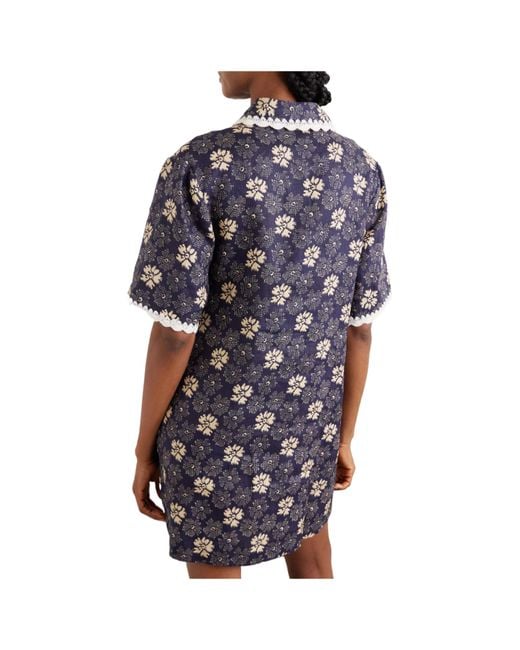 Sea Blue Printed Linen Mini Dress