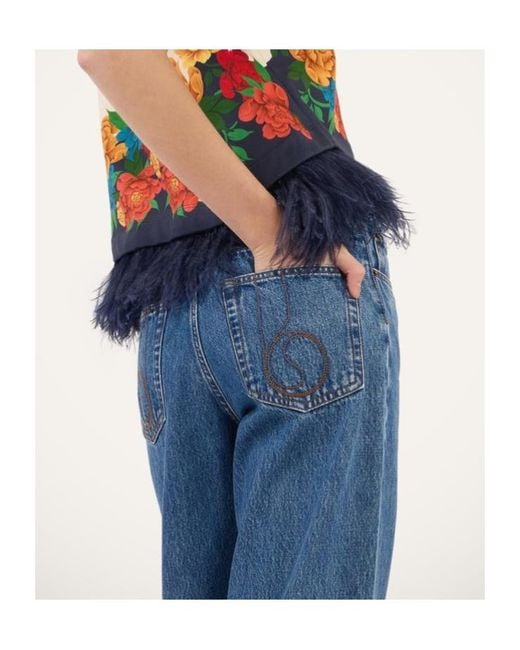 LaDoubleJ Blue Floral Cuff Embroidered Jeans