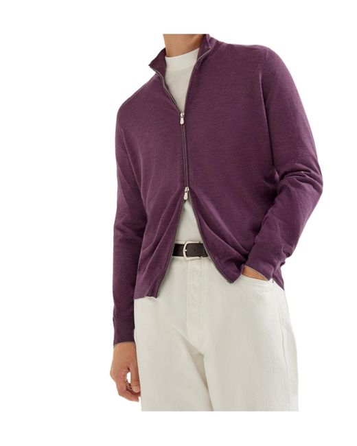 Brunello Cucinelli Purple Zip-Up Fine-Knit Cardigan for men