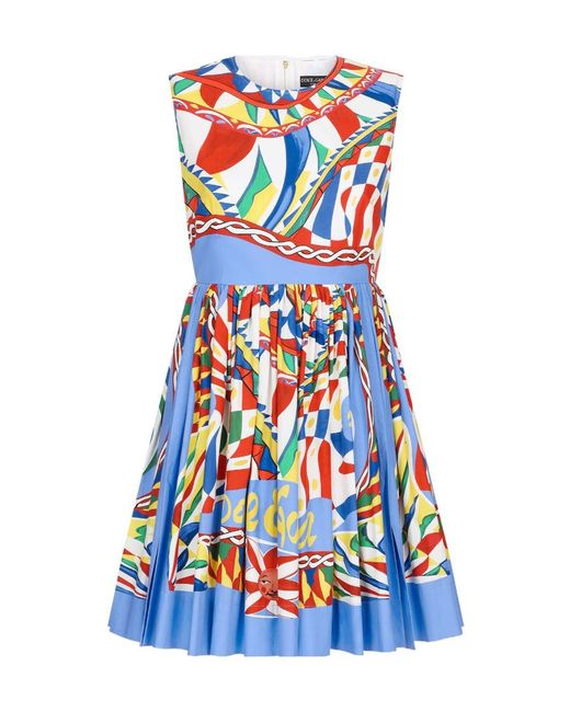 Dolce & Gabbana White Carretto Printed Sleeveless Mini Dress