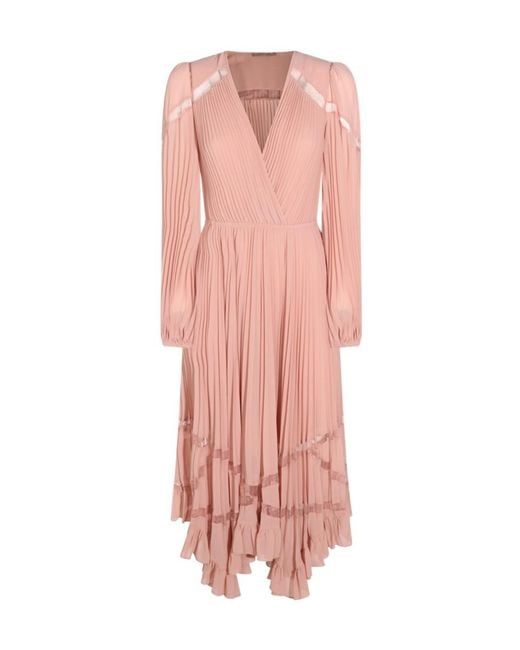 Twinset Pink Pleated Wrapfront Longsleeve Midi Dress