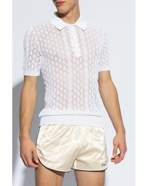 DSquared² White Pointelle-Knit Short Sleeved Polo Top for men