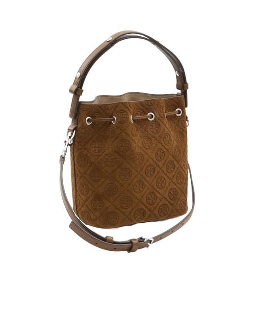Tory Burch Brown T Monogram Top Handle Bucket Bag