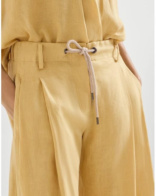 Brunello Cucinelli Natural Linen Trousers With Drawstring And Monili