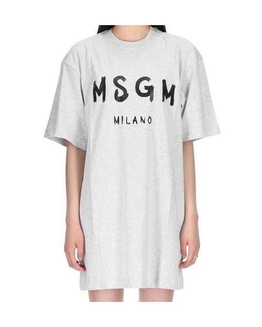 MSGM White Brushed Logo Short Sleeve Dress