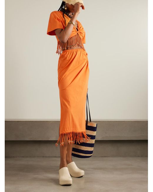 Rabanne Orange Fringe-Decorated Pleated Midi Skirt