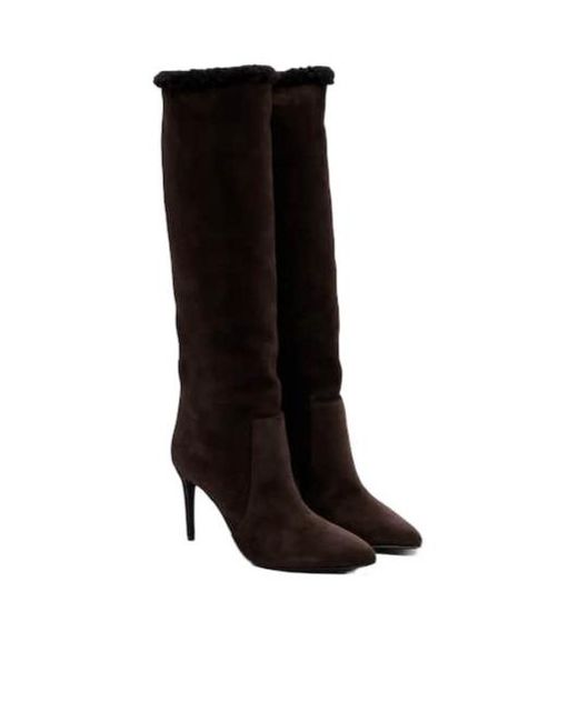 Paris Texas Black Shearling-Trimmed Suede Knee-High Boots