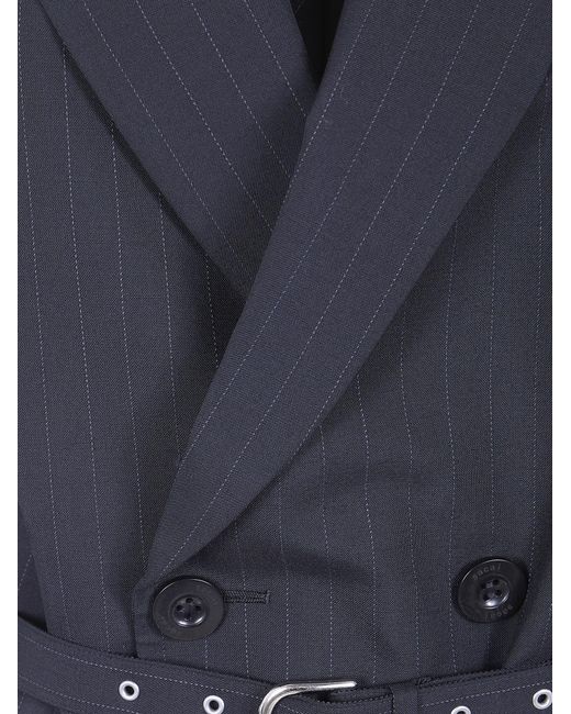 Sacai Blue Double-Breasted Striped Belted Jacket