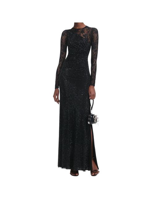 Self-Portrait Rhinestone Lace Sleeves Maxi Dress in Black | Lyst