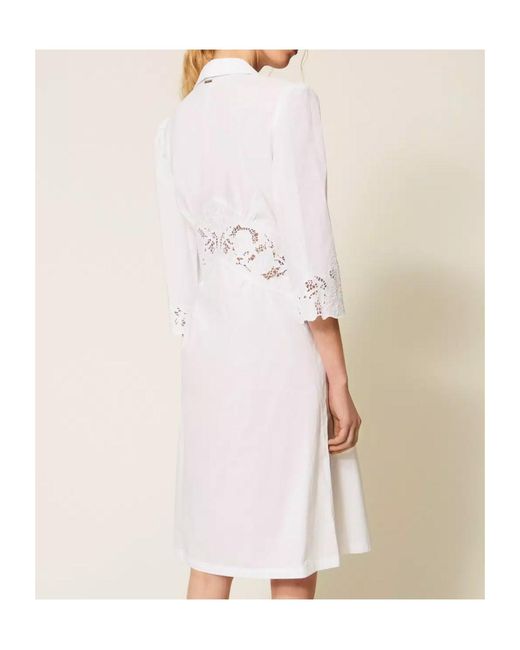 Twinset White Lace-Detail Midi Shirt Dress