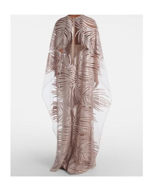 Elie Saab Natural Embroidered Sheer Tulle Gown