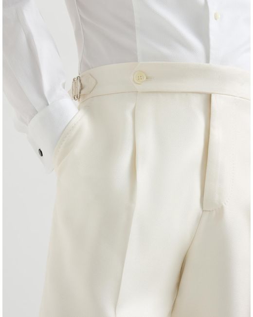 Brunello Cucinelli White Pleated Waist-Tab Silk Trousers for men