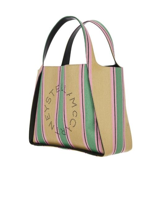 Stella McCartney Green Striped Logo Embellished Tote Bag
