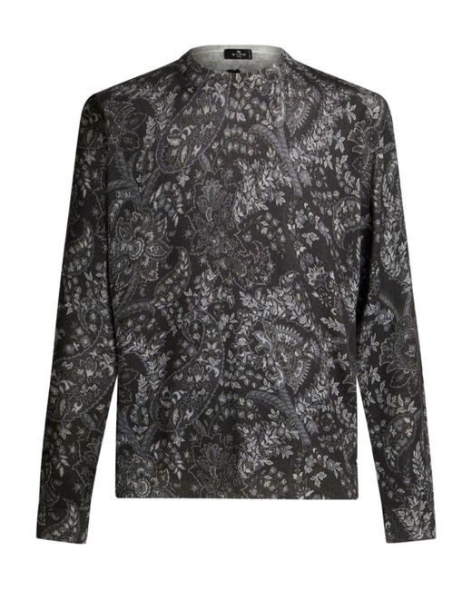 Etro Gray Paisley Intarsia-Knitted Long-Sleeved Jumper for men