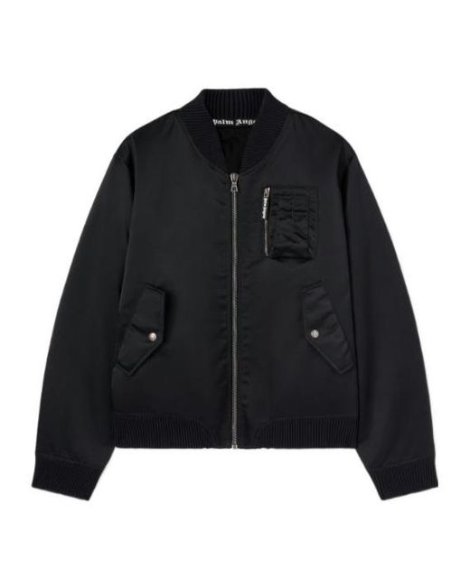 Palm Angels Black Curved Logo Zipped Bomber Jacket for men