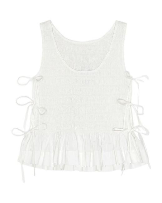 Ganni White Cotton Smock Tie Top