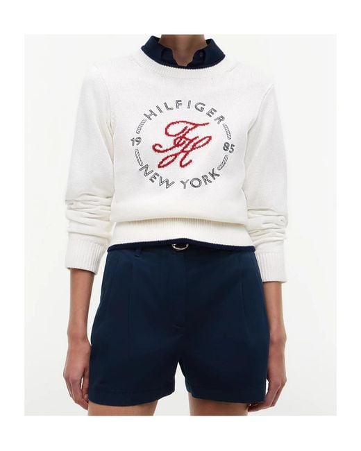 Tommy Hilfiger White Knit Embroidered Cropped Sweater