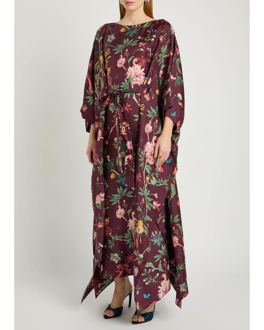 LaDoubleJ Red Square Belted Printed Silk Kaftan Dress