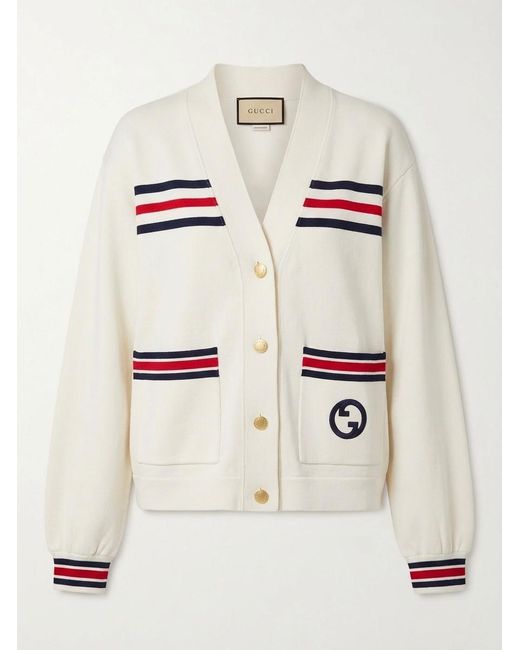 Gucci White Web-Striped V-Neck Cardigan