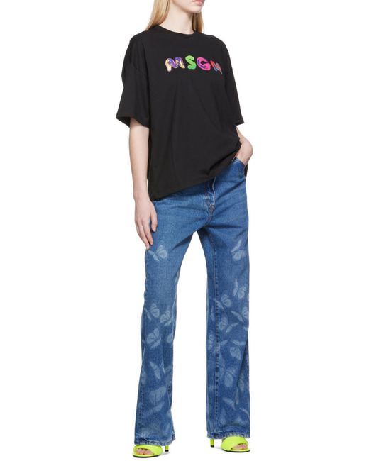 MSGM Black Logo-Print Round-Neck T-Shirt