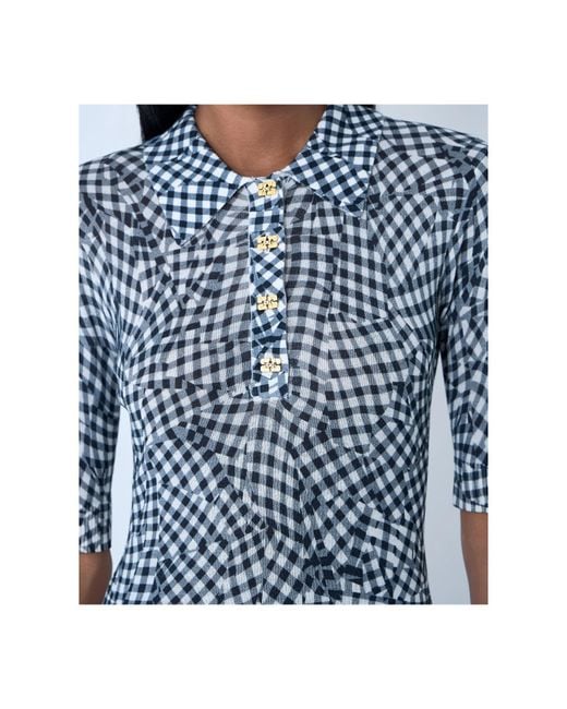 Ganni Black Sheer Printed Checked Polo Shirt