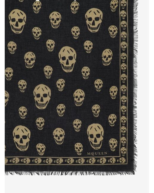 McQueen Black Skull-Print Fringed Scarf for men