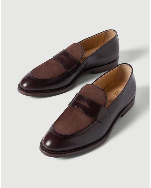 Brunello Cucinelli Brown Polished Calfskin And Suede Penny Loafers for men