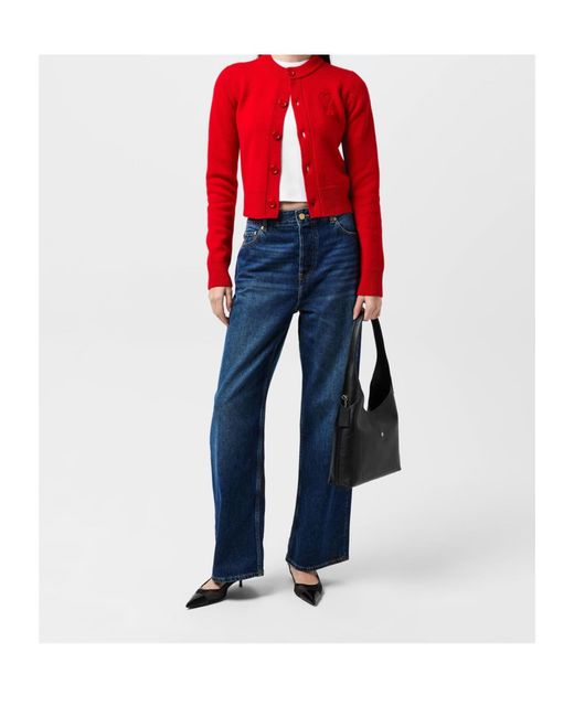 AMI Red Wool Knit Crewneck Cardigan