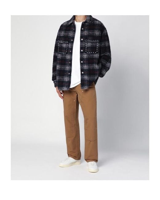 Palm Angels Blue Studded Checked Shirt for men