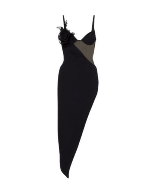 David Koma Black Asymmetric Cutout Floral-Applique Midi Dress