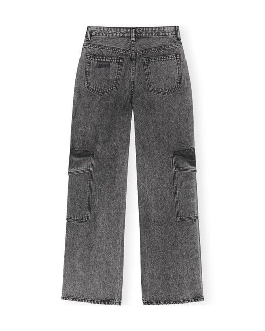 Ganni Gray Logo Patch Wide Leg Cargo Jeans