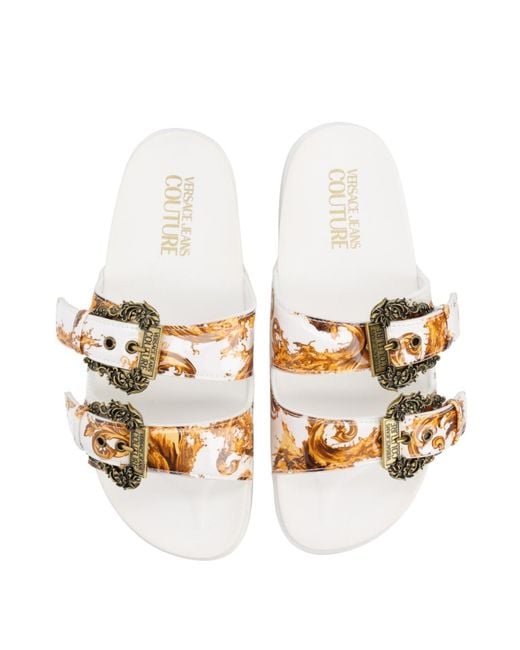 Versace Jeans White Couture Buckle Embellished Barocco-Printed Sandals