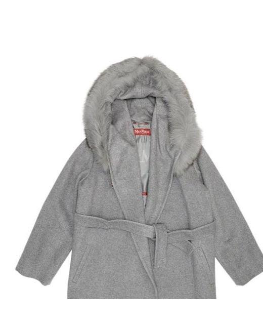 Max Mara Gray Woolly Collar Hooded Coat