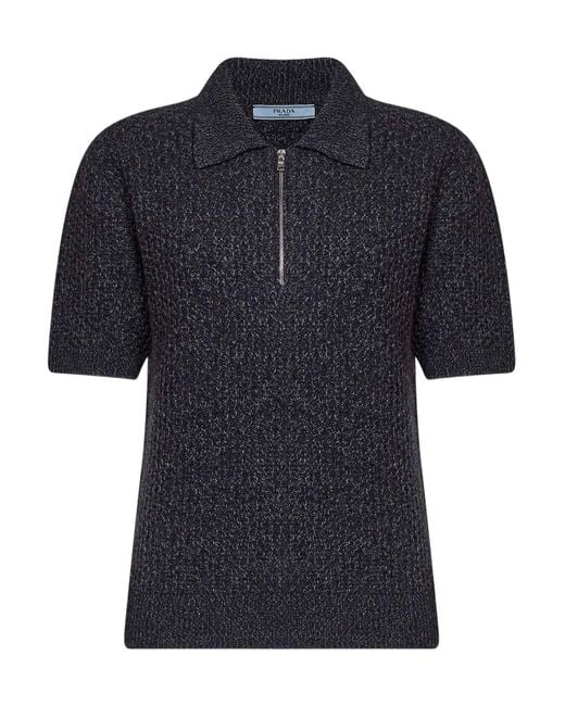 Prada Black Short-Sleeved Wool And Mouliné Cashmere Polo Sweater