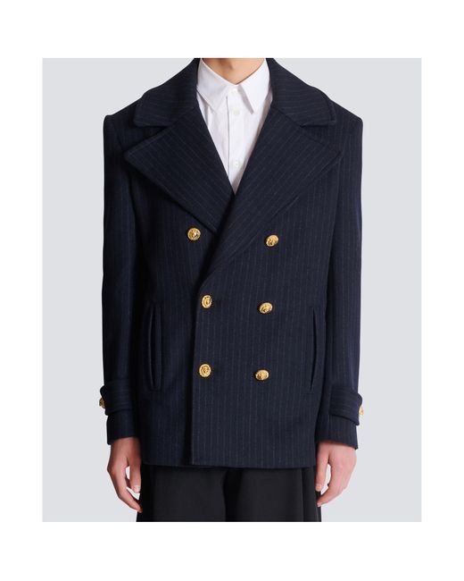 Balmain Blue Merino Wool-Blend Stripe Pea Coat for men