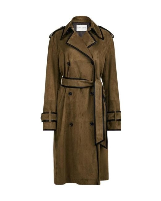Nina Ricci Green Belted Leather-Trimmed Coat
